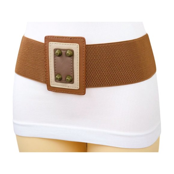 Women Brown Wide Elastic Belt Geometric Square Antique Gold Studs S M z042 - Picture 2 of 16